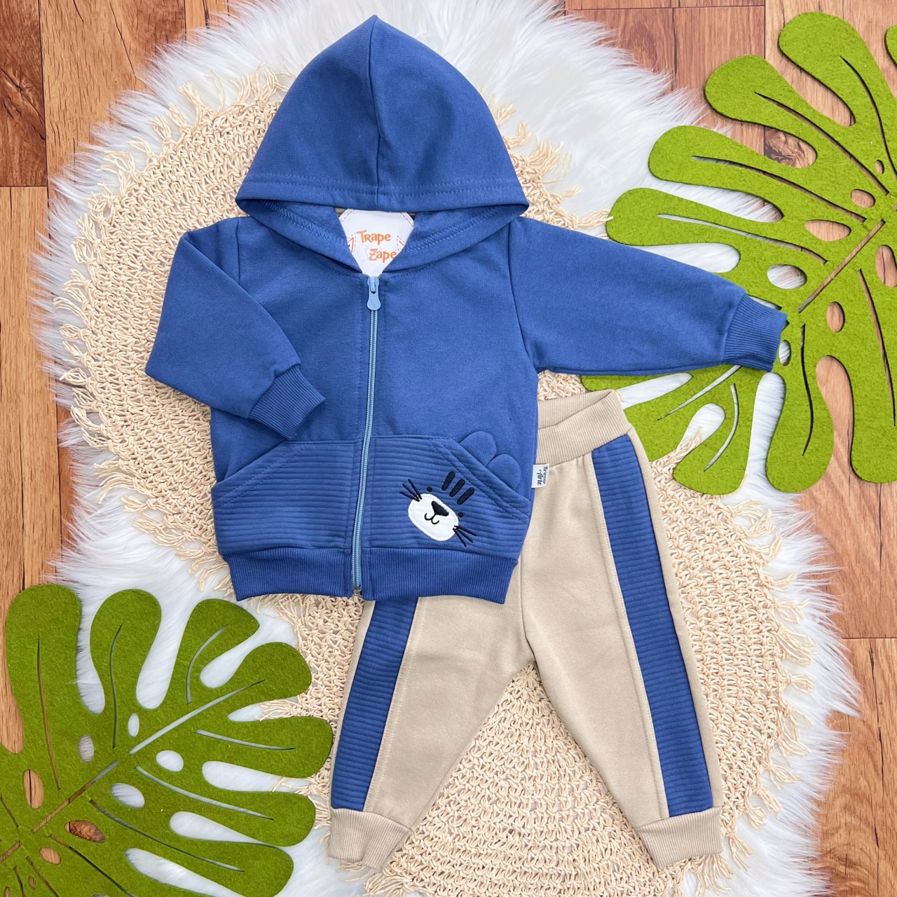 Conj. Jaqueta com Capuz Tigre Baby e Calça de Moletom - Azul Jeans